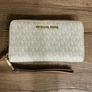 Michael Kors Jet Set Travel White & Beige Wristlet with Gold Accents